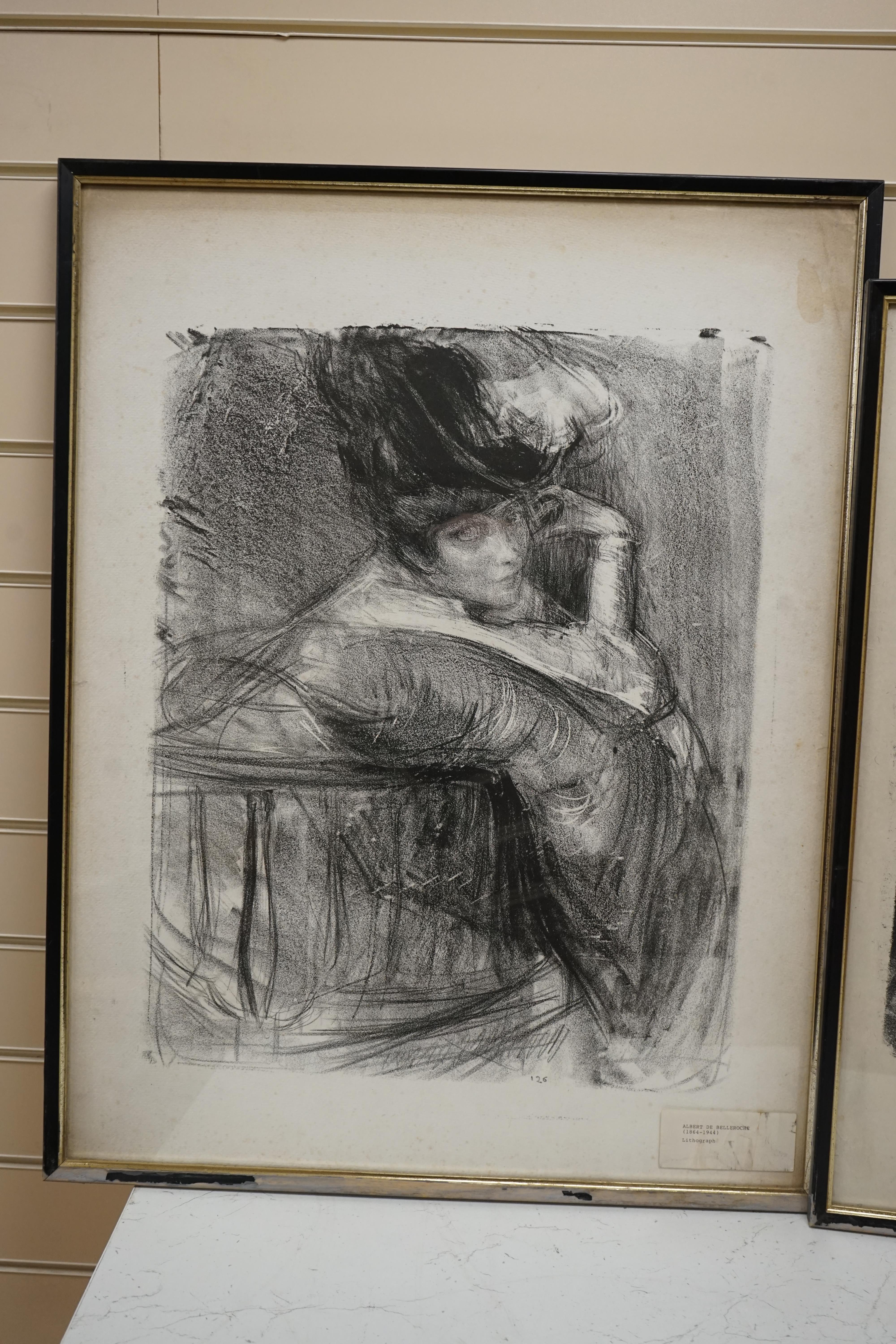 Albert de Belleroche (1864-1944), three lithographs to include ‘La Femme Arabe’ and two other portraits, one signed in pencil, others unsigned, largest 65 x 54cm. Condition - fair, some staining